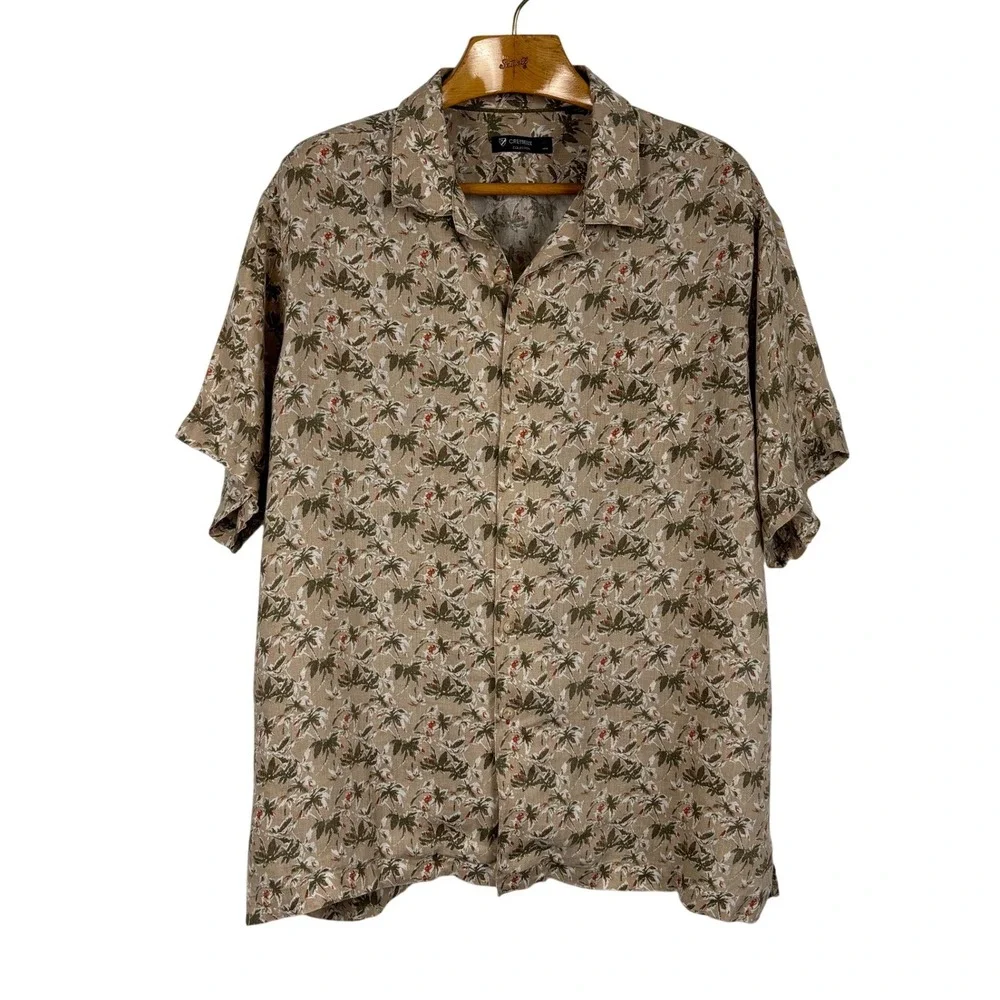 Cremieux 100% Linen Hawaiian Camp Shirt XXL Beige Tropical Palm Print